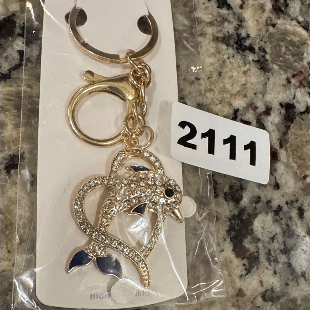 2111 Rhinestone Navy Blue Dolphin Key Ring, Bag Charm